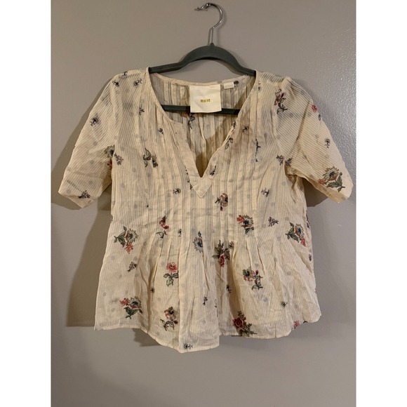 Maeve Tops - Maeve Anthropologie Floral Striped V-Neck Blouse Cream Short Sleeve Pleated Sz 0